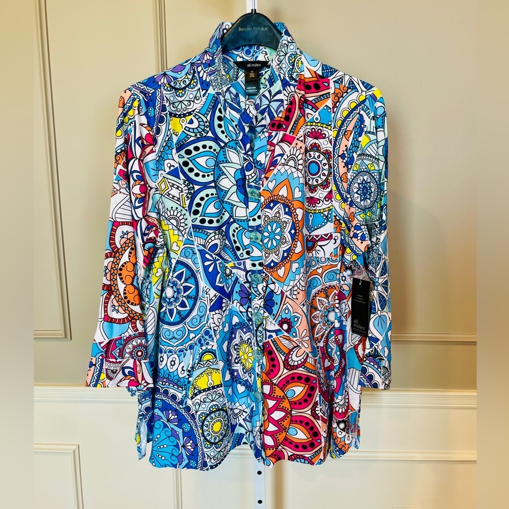 Ali Miles NWT 3X Blouse Button Down Tunic Wire Collar Medallion Shirt Top $84